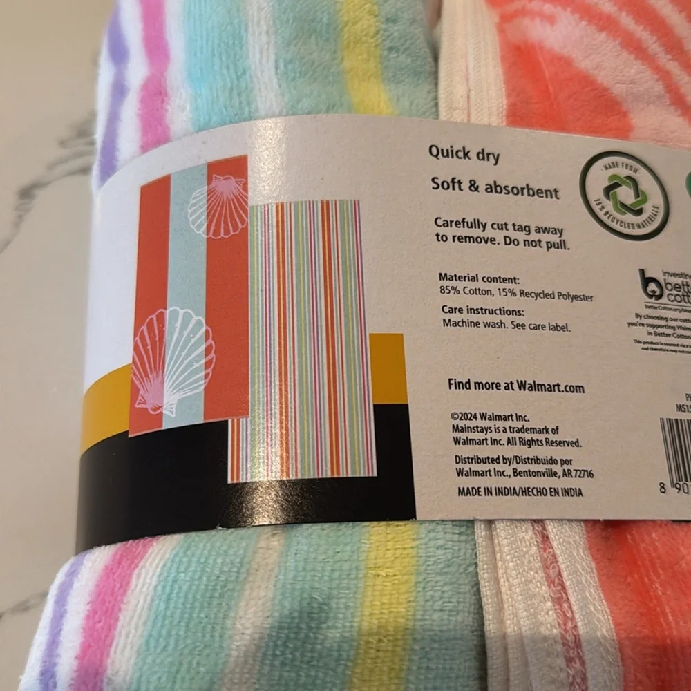 Mainstays 2 pack beach towels 28”x58” vacation beachwear towel set hanging loop